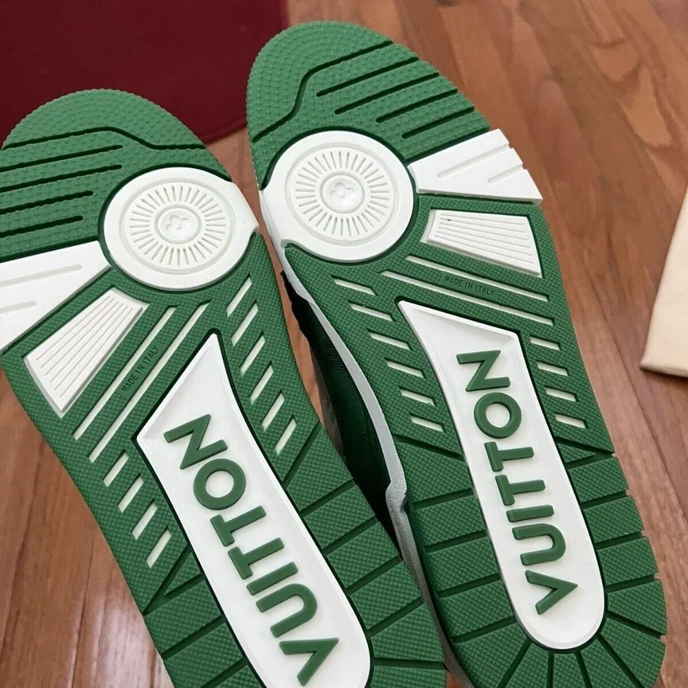 AUTH Louis Vuitton LV Trainers Men Sneakers Low Top Shoes Size 11 Green Monogram - Picture 5 of 5